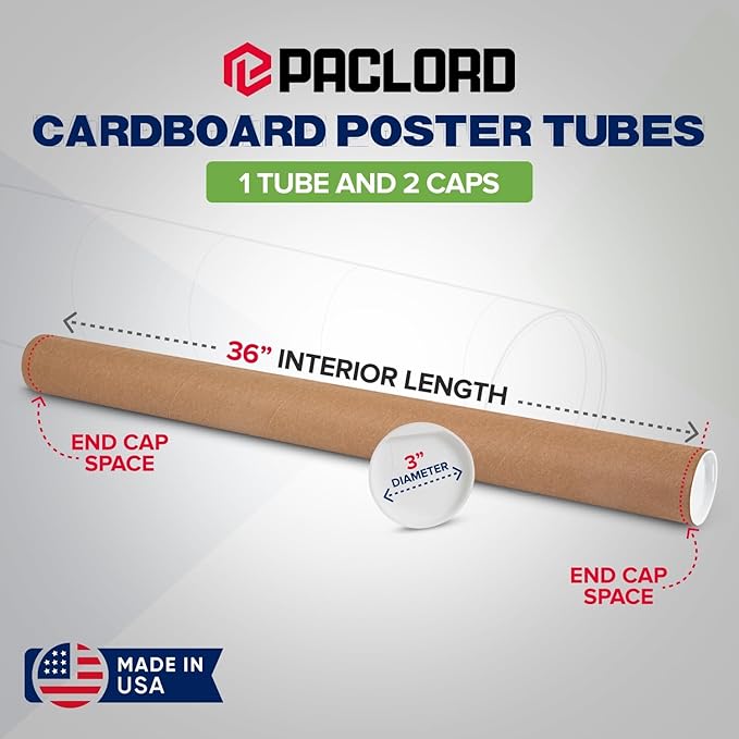 Paclord 3" x 36" Reinforced Kraft Paper Mailing Tube, Pack of 1 Tube with 2 Caps – Secure USPS Approved Poster Tube – Cardboard Tube for Shipping and Storing Posters, Prints, Artwork, or Documents