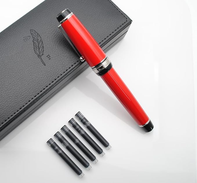 xixixiaozhu Metal Big Fountain Pen Set Medium Nib 0.7mm, Includes Ink Refill Converter, 5 Ink Cartridges & Gift Box (Medium Nib 0.7mm, Red with Silvery Clip)