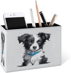 Famame Cute Border Collie Puppy Pencil Holder for Desk, Leather Desktop Container Pen Cup Storage Study Table Pen Organizer Makeup Brush Holder for Classroom Office Home