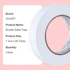 LELADY Double Sided Tape 1 Inch x 40 Yards- 2 Rolls Double-Sided Adhesive Sticky Tape, High Adhesive Double-Sided Tape, for Arts, Crafts, Office School Stationery Supplies