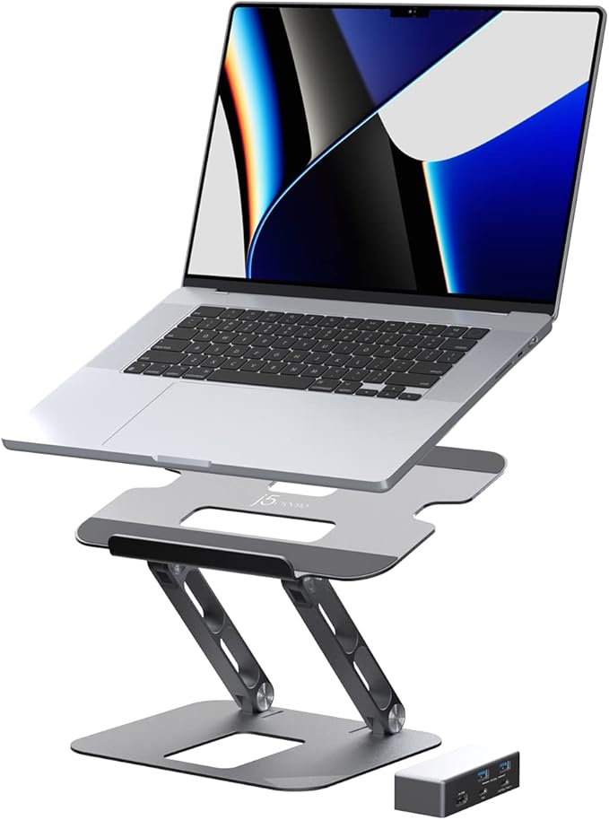 j5create Laptop Stand with USB C 4K HDMI Display Hub - 2 USB A 5Gbps, PD 100W with USB-C 5Gbps | Aluminum Computer Riser for MacBook and Windows Notebook (JTS327)
