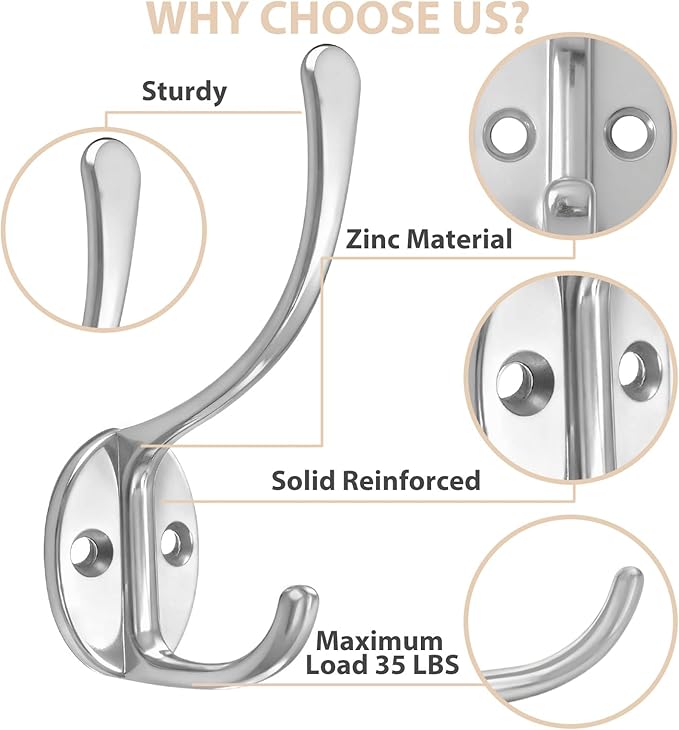 Homanu 14 Pack Coat Hooks Wall Mounted with 28 Screws, Heavy Duty Silver Towel Hooks Metal Double Hooks, No Rust Retro Rustic Wall Hooks for Hanging Towel, Coat, Scarf, Bag, Hat, Cup, Key