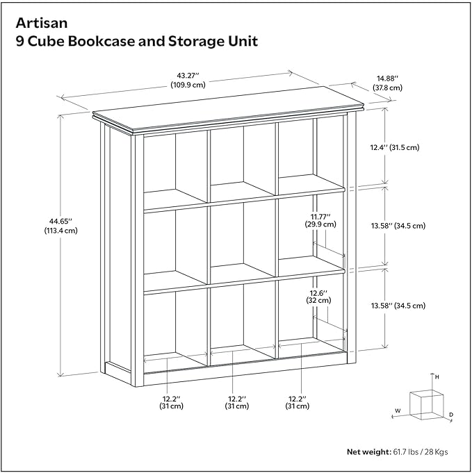 SIMPLIHOME Artisan Bookcase - 43 inch Tall 9-Cube Solid Wood Cube Organizer in Chantilly White, Transitional Storage Bookcase for Living Room, Study Room or Office with Fixed Shelves and Tapered Legs