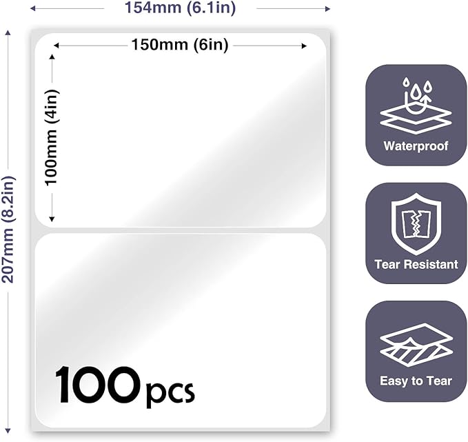 100Pcs Clear Large Labels for Storage Bins,6x4 Inch Removable Labels,Large Labels for Blank Box,Strong Adhesive Tear Resistant No Residue Blank Labels (Trasparent)