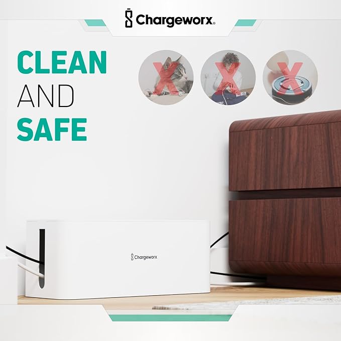 ChargeWorx Cable-Management Box Set, 2 Pack Cord Organizer to Hide Power Strips and Surge Protectors, Desk and Floor Wire Concealer for Home Office, TV Area, White