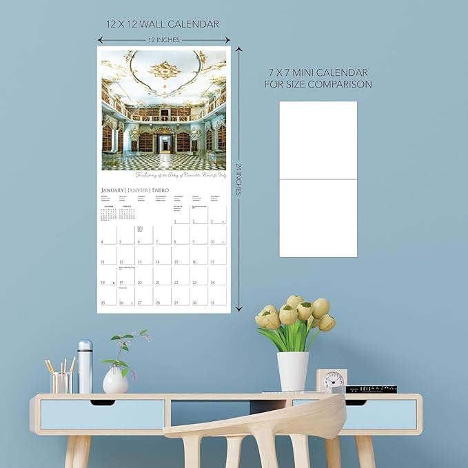Graphique 2026 Libraries Wall Calendar | 12” x 12” | Thick Paper | Home & Office Organizer | Large Monthly Grid | 3 Languages & Marked Holidays | 4 Month Preview Page for 2027