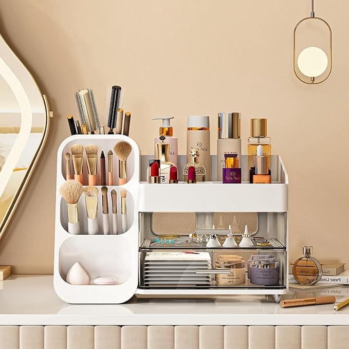KQJS Makeup Organizer with Drawers,Large Capacity Countertop Organizer for Vanity,Bathroom and Bedroom Desk Cosmetics Organizer,Easy To Storage Skincare,Brushes, Eyeshadow, Lotions, Lipstick (White)