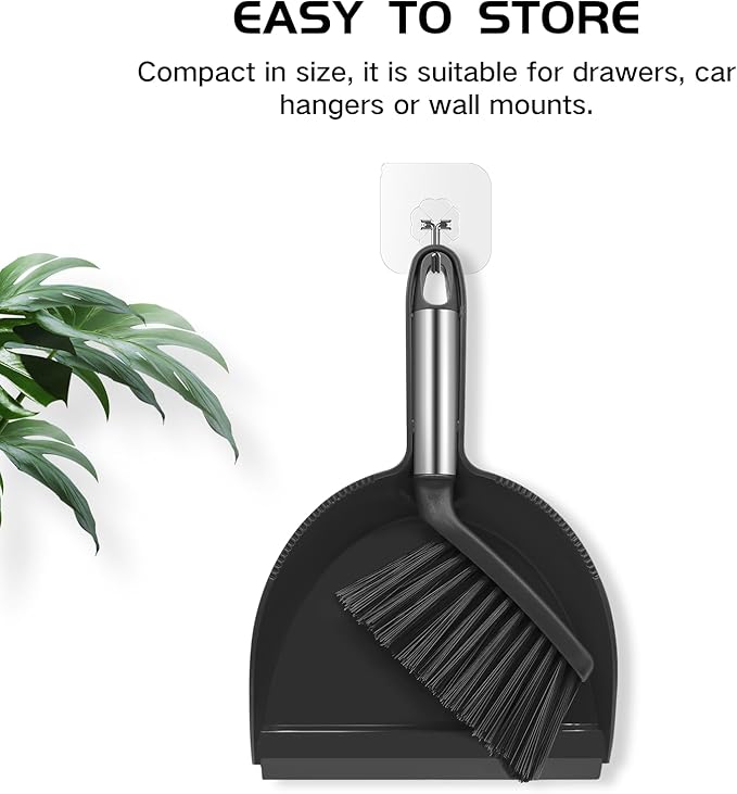 NACENA Mini Broom and Dustpan Set, Small Dust Pan and Brush Set with Handle Dustpan Teeth for Cleaning Hair Suitable for Office Desks Drawers Sofas Outdoor Camping, Black