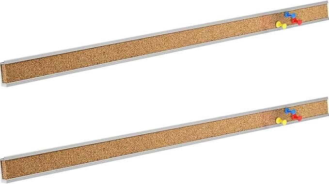 Corksidol Bulletin Bar Strip, Cork Board, Cork Strips, 48" x 1", Classroom, Office, Walls, Cubicle, Aluminum Frame,Include Pins and Adhesive Strip, 2 Pack, (Silver)