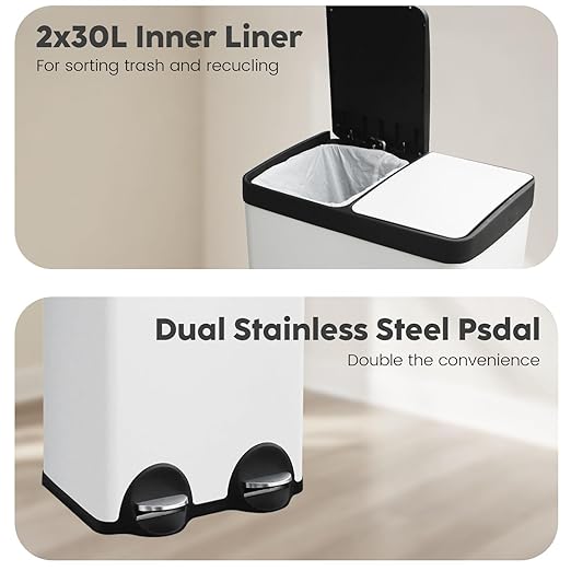 JM ·YIPENG Kitchen Trash Can, 2 x 8 Gallon (2 x 30 L) Recycling Bin with Lid, Double Trash Cans, Soft-Close Foot Pedal, 2 Compartments Garbage Cans for Kitchen, Dual Trash Can, White