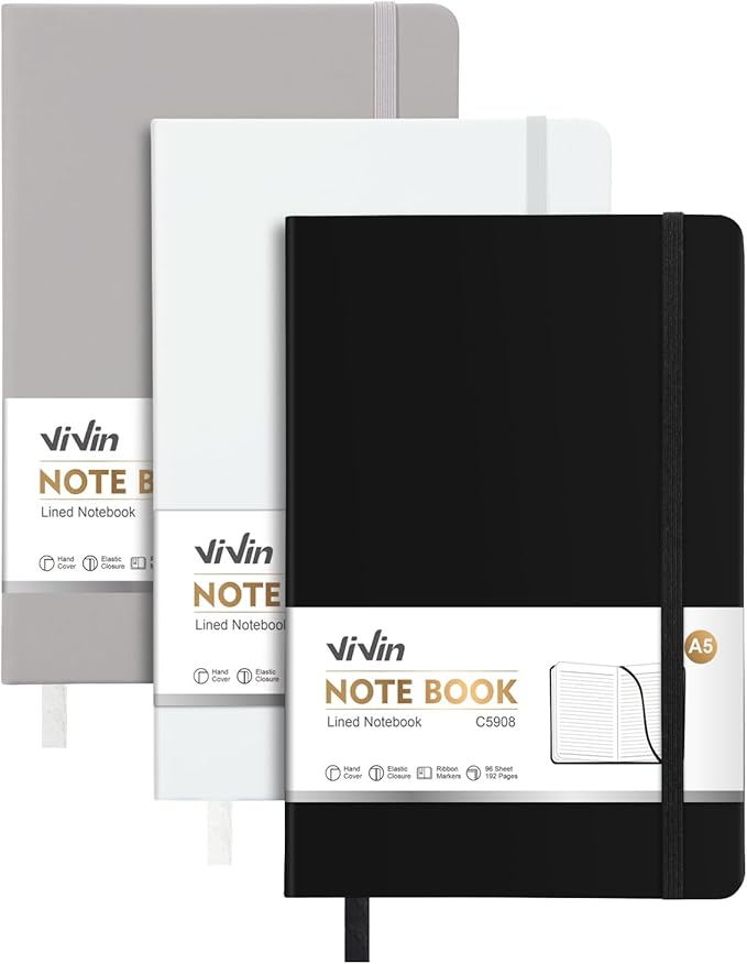 ViVin Lined Journal Notebooks for Work, 192 Pages, Medium 5.5 x 8.3 inch, College Ruled, A5 Hardcover Journaling Notebooks for Work, 3 Pack, (Black，White，Gray)