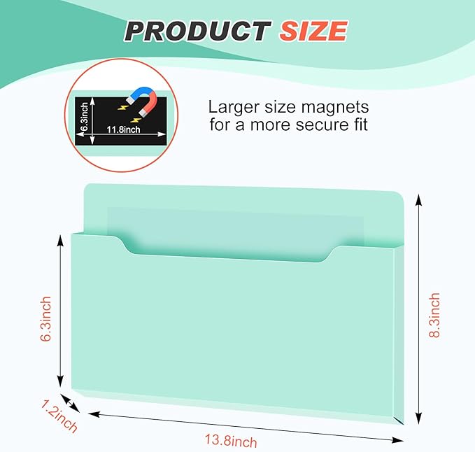 Feifeiya Magnetic Pocket File Holder Large File Folder Organizer Paper Mail Letters Holder Wall Hanging Office Supplies for Refrigerator Whiteboard Cabinets(13.8 x 8.3 Inch,Horizontal,Mint Green)