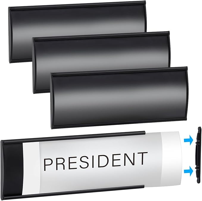 Plecterco 4 Pcs Office Door Signs - 8" x 3" Curved Name Plate Holders for Office, Wall-Mount Door Signs with Plastic Film and Adhesive Tape (4, Black)