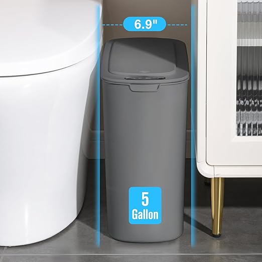Cesun 5 Gallon Automatic Bathroom Trash Can, Touchless Motion Sensor Garbage Can with Lid, Smart Plastic Slim Wastebasket for Bathroom, Office, rv, Bedroom, Living Room, Grey