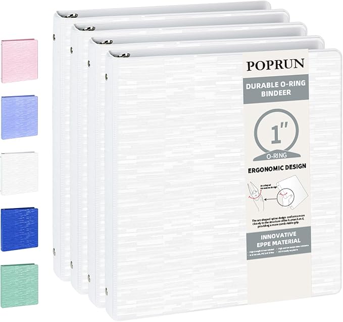 POPRUN 3 Ring Binder 1 Inch, PVC-Free, Holds 175 Sheets of 8.5 x 11 Paper, Extra Durable Organizer with 2 Pockets for School & Office, Heavy-Duty, 4 Pack, White