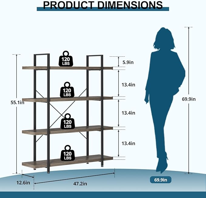 FURSUN Heavy Duty 4 Tier Bookcase, 55-in Tall Industrial Modern Large Bookshelf, Wood Farmhouse Bookcases Book Shelves and Metal Frame for Office, Bedroom, Living Room, Grey