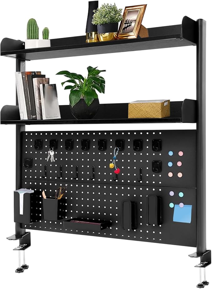 Dlinanta Clamp-On Pegboard Desk Organizer, 2-Tier Clamp On Desk Shelf with Hooks, Office Accessory Organizer for Books, Office Supplies & DIY Storage, 16.5lbs Capacity, 39.37" x 37.4", Black
