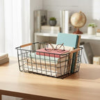 HDYOUDO Metal Black Wire Basket,Food Storage Organizer with Wooden Handles, pantry organizers and storage for Kitchen shelf Cabinets potato onion, 2 Packs