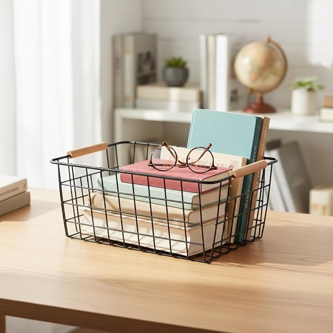 HDYOUDO Metal Black Wire Basket,Food Storage Organizer with Wooden Handles, pantry organizers and storage for Kitchen shelf Cabinets potato onion, 2 Packs