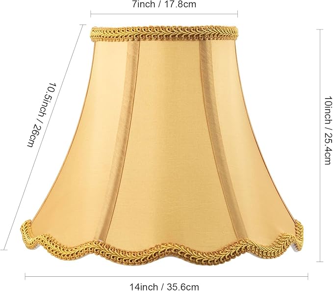 Saangseon Bell Lamp Shade, Scalloped Golden Fabric Lampshade Replacement, Softback, 7'' Top x 14'' Bottom x 10.5'' Slant Height x 10'' Vertical Height, Lamp Harp Included