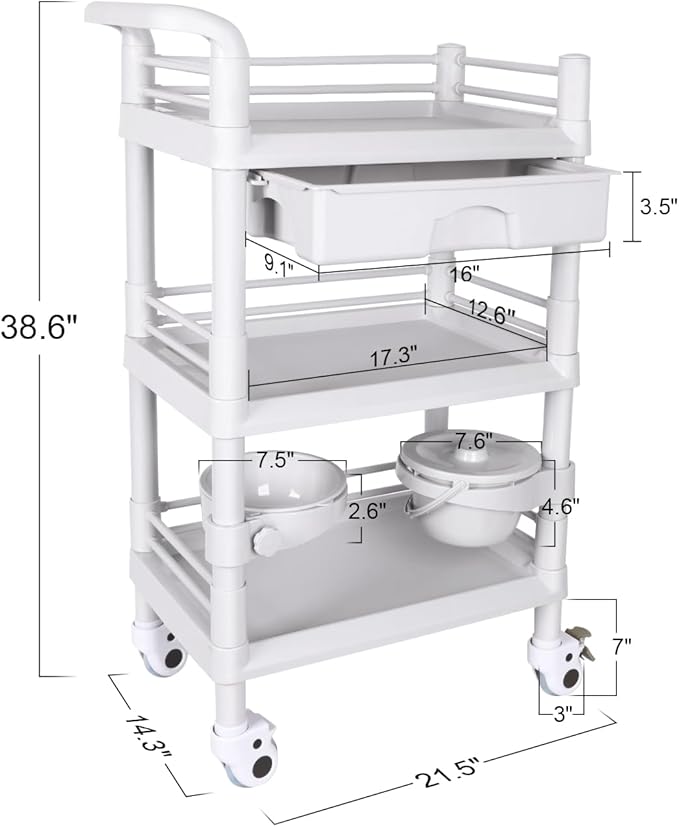 Mobile Medical Trolley Cart Portable 3-Tier Professional Cart 220 Lbs Load Utility Carts for Ultrasound Scanner Esthetician Carts with Drawer Lockable Rolling Wheels for Hospital Dental Clinic Home