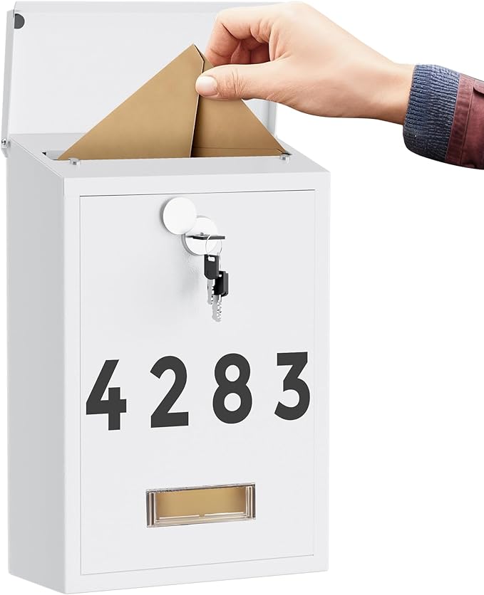 LAND·VOI Locking Wall-Mount Mailbox for Outside, with 4 Keys, Galvanized Steel Rustproof Metal Postbox, 3.1" Dx7.5 Wx10.8 H, Includes 3 Sets of Mailbox Numbers, Nameplate,White