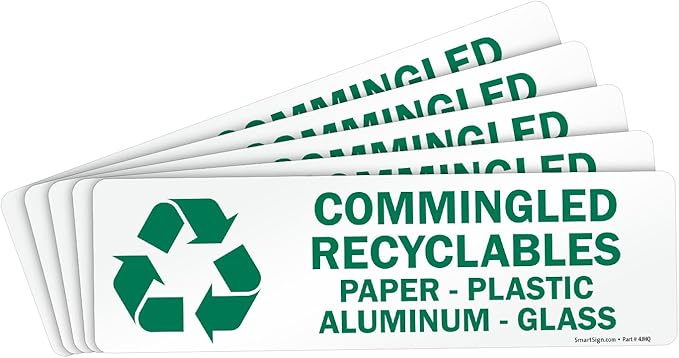 SmartSign Commingled Recyclables Sticker - Paper, Plastic, Aluminum Glass Pack of 5 Labels | 3" x 10" Laminated Vinyl, Made in USA