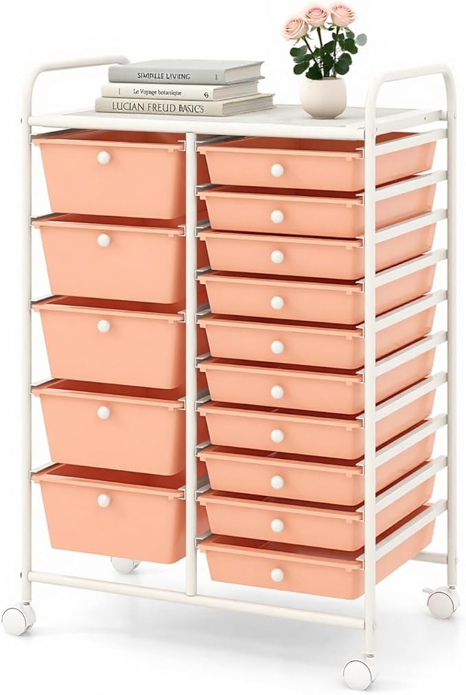 DORTALA 15-Drawer Rolling Storage Cart with Drawers, Rolling Utility Cart w/Removable Drawers & Universal Wheels, Tools Scrapbook Paper Organizer for School, Office, Home, Classroom (Light Pink)