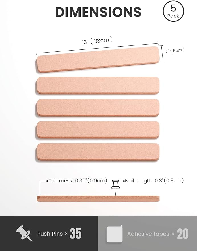 Fluxynara Cork Board Alternative Felt Strip Board 5-Pack 13"x2", Office Pin Board with 35 Push Pins, Adhesive Install for Bedroom Door & Home Office(Pink)