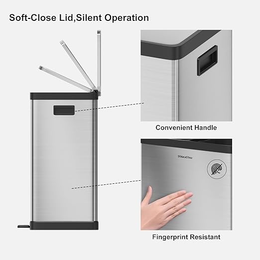 SolaceCove Kitchen Trash Can with Lid, 2 x 8 Gallon Garbage Can, with Soft-Close Foot Pedal and Removable Inner Bucket, 60 Liter Large Stainless Waste Bin for Bathroom Bedroom Home Office