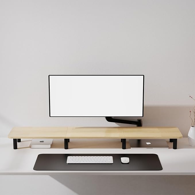 WEGASTU Large Extra Long Monitor Stand Riser 43.7in,Dual Monitor Riser, Wide TV Stand for 2 Monitors, Wood & Steel Leg Adjustable Height Desktop Riser, Home Office Organization. (Natural)