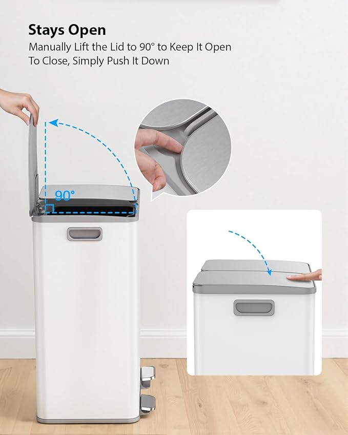 Lovewind Kitchen Trash Can, 2 x 8 Gallon (2 x 30 L) Stainless Steel Trash and Recycle Bin Combo with Soft-Close Lid, Dual Compartment Recycling Kitchen Step Trash Bin, White
