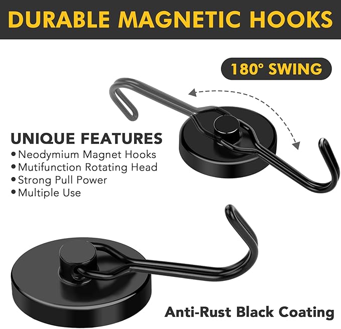 MIKEDE Strong Magnetic Hooks, 120LB Swivel Magnetic Hooks Cruise, Black Neodymium Magnet Hooks Heavy Duty for Hanging, Grill, Cruise Cabins, Refrigerator, Grill, Kitchen, Locker - Pack of 12