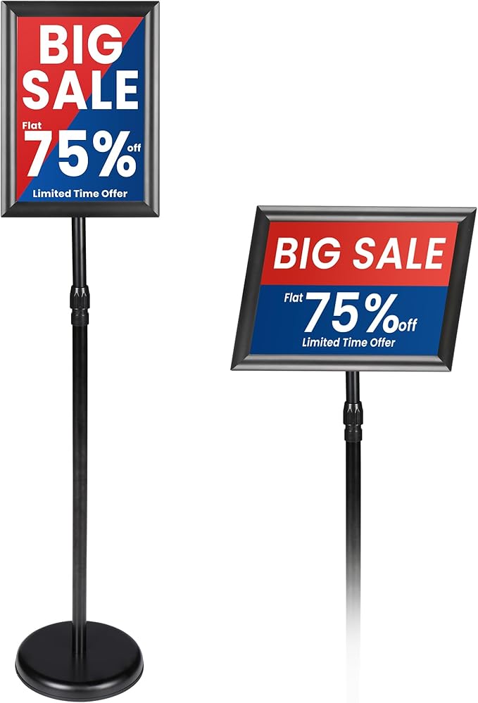 Banzoni Standing Sign Holder | Adjustable Pedestal Signage Stand for 8.5x11 Posters | Heavy Duty Floor Display Stand with Non-Slip Weighted Base | Vertical and Horizontal View Menu Stand for Business
