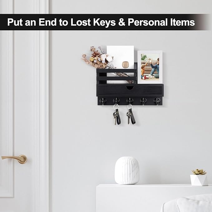 Lucundm Key Holder Wall Mount, Mail Holder with Storage Drawer and 5 Key Hooks for Coat, Dog Leash, Home Decor Rack, House Accessories, Entry Way Organizer