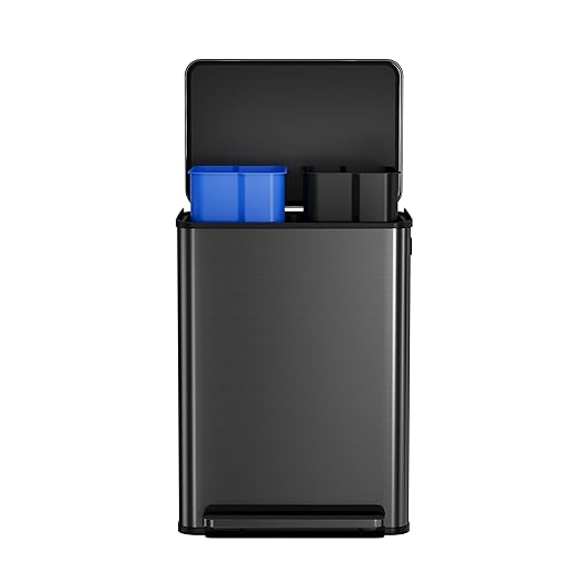 Stainless Steel Garbage Can, 2 x 8 gal Dual Compartment Trash Can with 2 Inner Buckets and Soft Close Lid, Foot Pedal Garbage Bin for Bathroom, Living Room, Kitchen, Black
