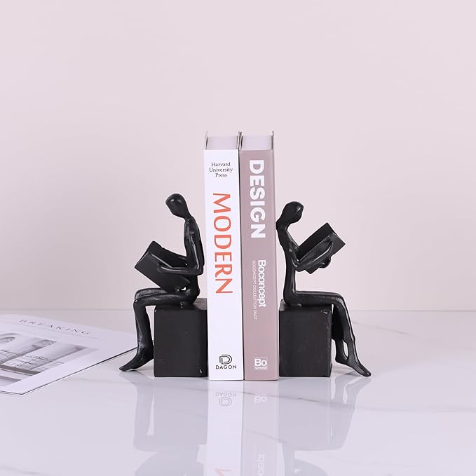 Iron Decorative Bookends,Reading Couple Figurine Bookends for Shelves,Cast Iron Bookends for Heavy Books,Metal Modern Bookends,Unique Couple Statue Book Stoppers,Boho Reader Sculpture Gifts