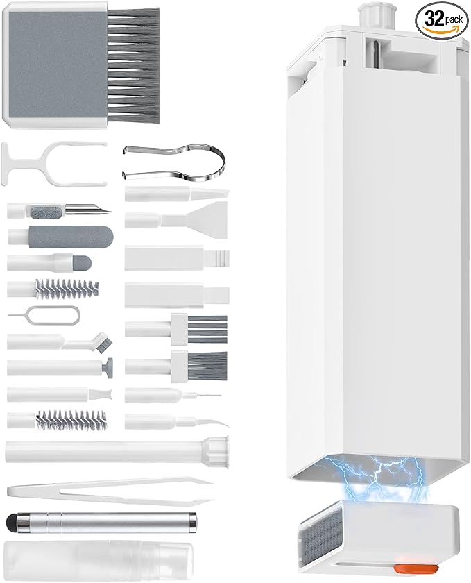 Keyboard Cleaning Kit Laptop Cleaner, 32-in-1 Computer Screen Cleaning Brush Tool, Multi-Function PC Electronic Cleaner Kit Spray for iPad iPhone Pro, Earbuds, Airpods, Camera Lens, Monitor (White)