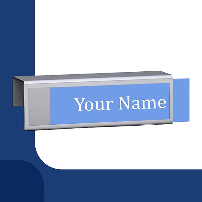 4-Pack 8.5" x 2.5" Cubicle Partition Name Tag - Silver Border 2" Hook - Holder for Custom Plate – Desk or Partition Use – Silver Frame – 2" x 8" Insert for Wall Display By Plastic Products Mfg