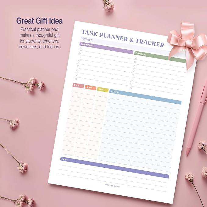 Task Planner & Tracker 8.5 x 11 Tear-Off 70 Sheet Planner Pad – Project Organizer with Time Log, Top Priority, Follow-Up – Notepad for Home & Office (White, Colorful, 1 Pack)