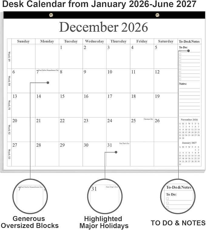 Desk Calendar 2026 - Calendar 2026-2027 from January 2026 to June 2027, 18 Months Calendar with Thick Paper for Office, Home, School Organizing, 14.5" X 11.5", Black