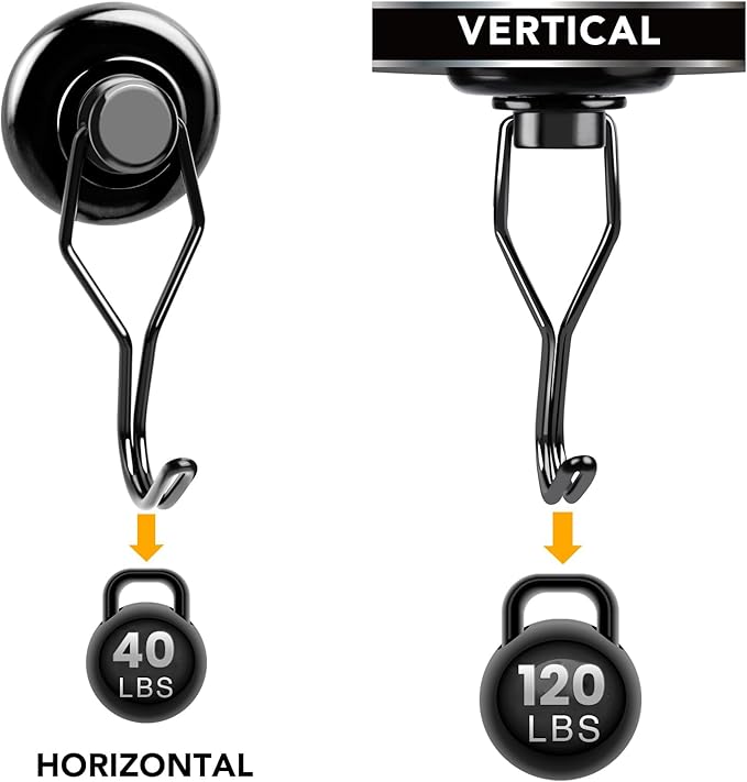 MIKEDE 120 LBS Black Magnetic Hooks, 6 Pack Swivel Swing Magnet Hooks Heavy Duty, Strong Neodymium Magnets Hanger for Hanging, Grill, Cruise Cabins - 32mm(1.26in) in Diameter
