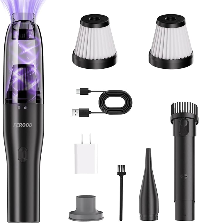 4-in-1 Car Vacuum, Mini Handheld Portable Cordless, 6.5kPa Strong Suction, Ultra-Quiet 60dB, 0.85 lb for Car, Desk & Small Spaces,USB-C Rechargeable 2 Washable HEPA Filters,Ideal Gifts for Men & Women