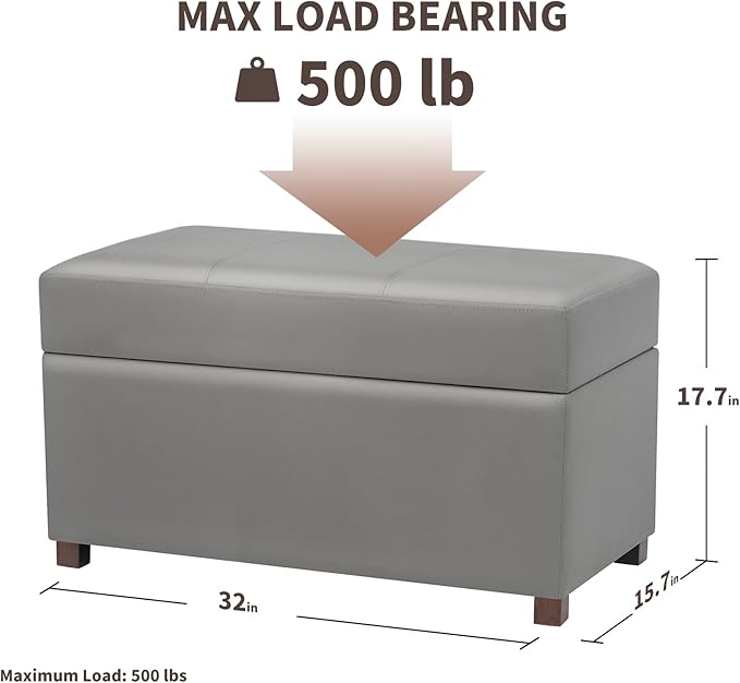 Joveco 32" Leather Storage Ottoman Bench, Rectangle Foot Rest Stool for Living Room, Bedroom, Entryway, Grey