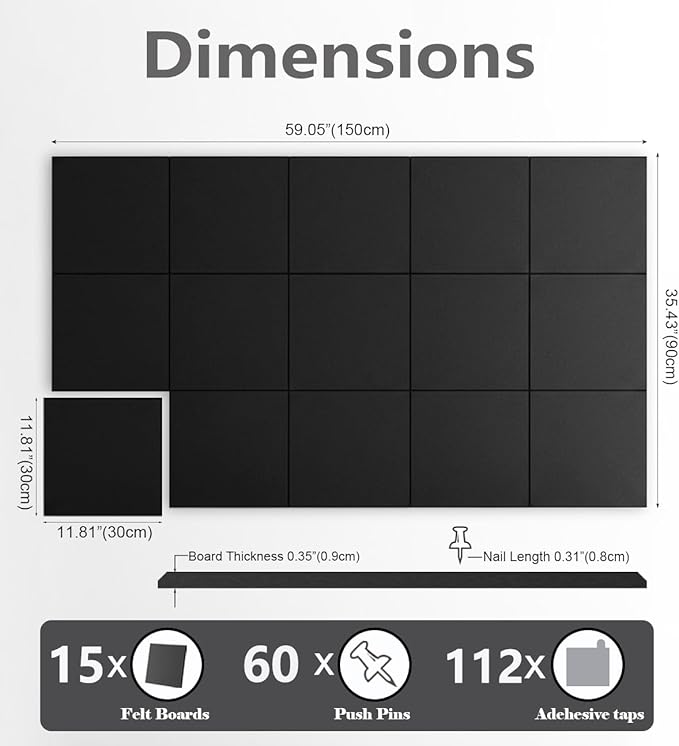 G Gamit Large Felt Wall Tiles Bulletin Board 59”x36”,Large Cork Board Alternative with 60 Pushpins,15 Pack Felt Pin Board with 112 Safe Removable Adhesive Tabs for Home Office School (Black)