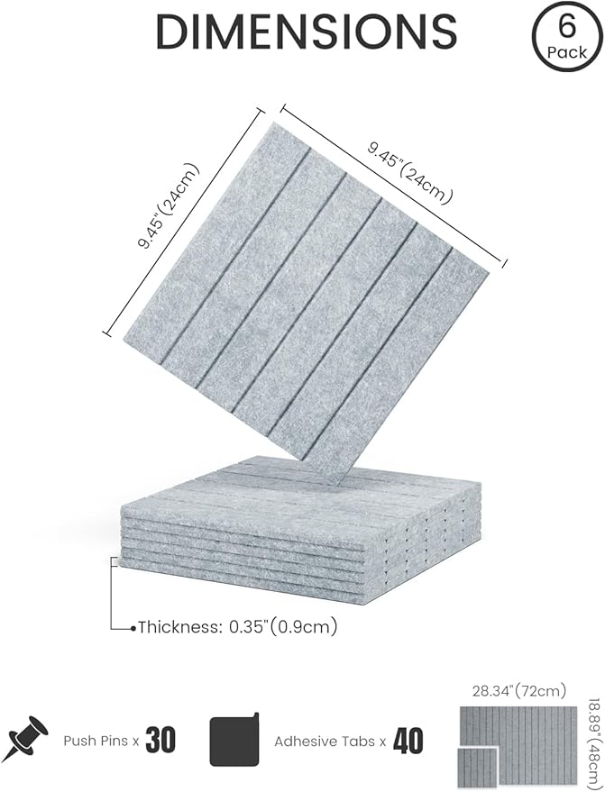 Fluxynara Felt Bulletin Board Tiles -28"x18" with 40 Adhesive Tabs, Cork Board Alternative for Office Decor, Push Pin Board Wall Organizer 6-Pack (Blue Gray)