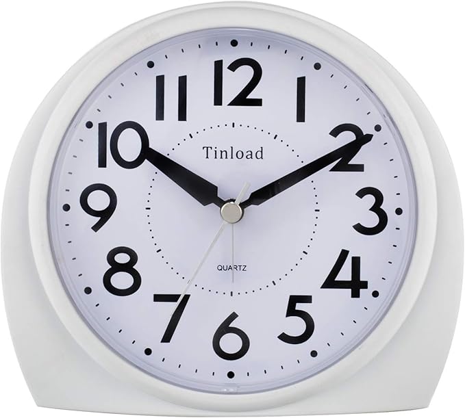 Tinload 5.5" Large Analog Alarm Clock Silent Non Ticking, Gentle Wake, Beep Sounds, Increasing Volume, Battery Operated Snooze and Manual Light, Easy Set,White(Best for Elder)