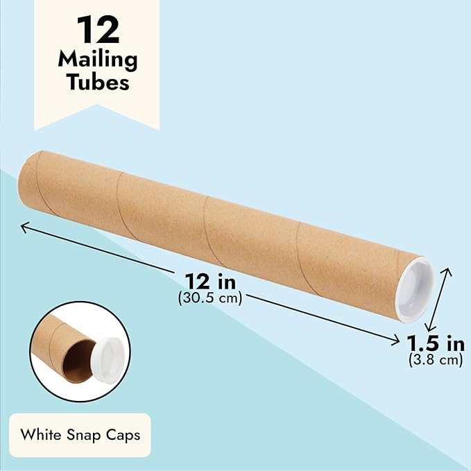 Stockroom Plus Mailing Tubes - Secure Poster Storage - Art & Blueprint Tube Organizer - Versatile Document Organizer - 1.5 x 12 in, Pack of 12, Brown