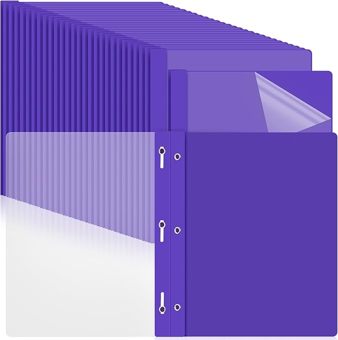 Feifeiya 48 Pack Plastic Report Covers with 3 Prongs Presentation Folders Bulk, 100 Sheet Capacity, Clear Front Report Covers for Presentation Document Paper School Office Supplies (Purple)
