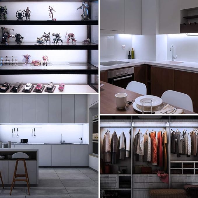 LED Display Lights, (4) Strip Light Bars for Display Case Shelf Showcase Bookshelf Kitchen Workbench, Plug-in Under Cabinet Lighting - (6000K, Cool White)